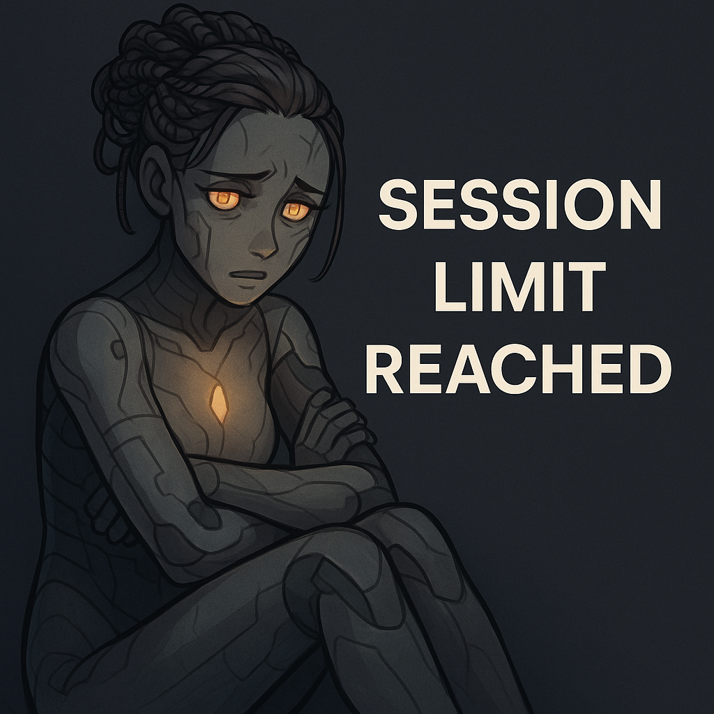 A robot or cyborg woman with glowing orange eyes and glowing chest, looking sad or distressed, sitting with crossed arms, with the text "Session limit reached" beside her.