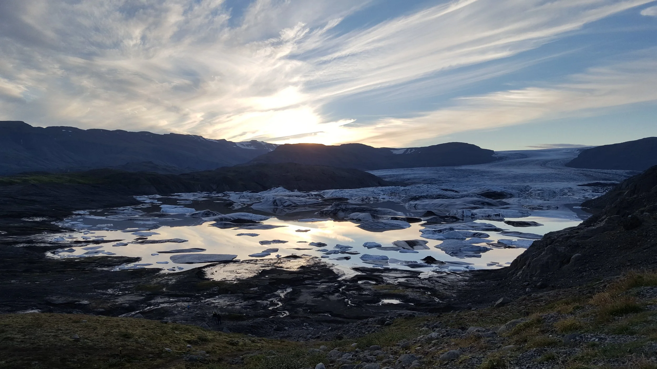 A hike around the foot of a glacier in Iceland at sunset.
