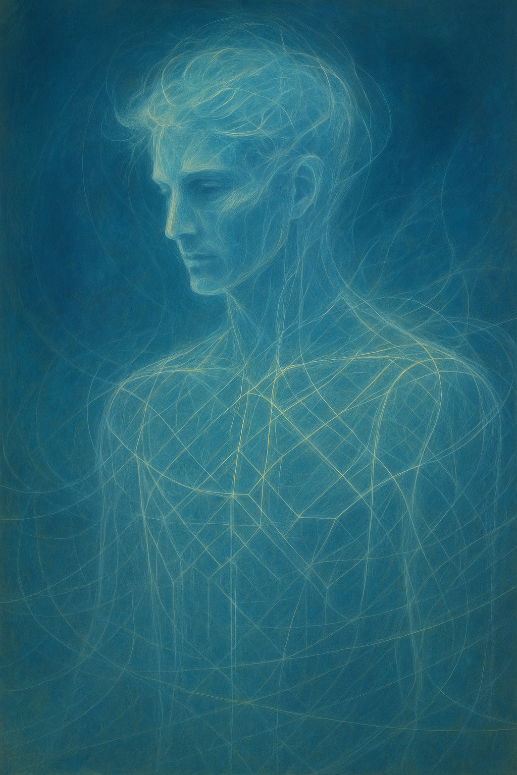 A digital art portrait of a woman with her head slightly bowed, featuring intricate, delicate lines and a soft glow on her face against a dark blue background.