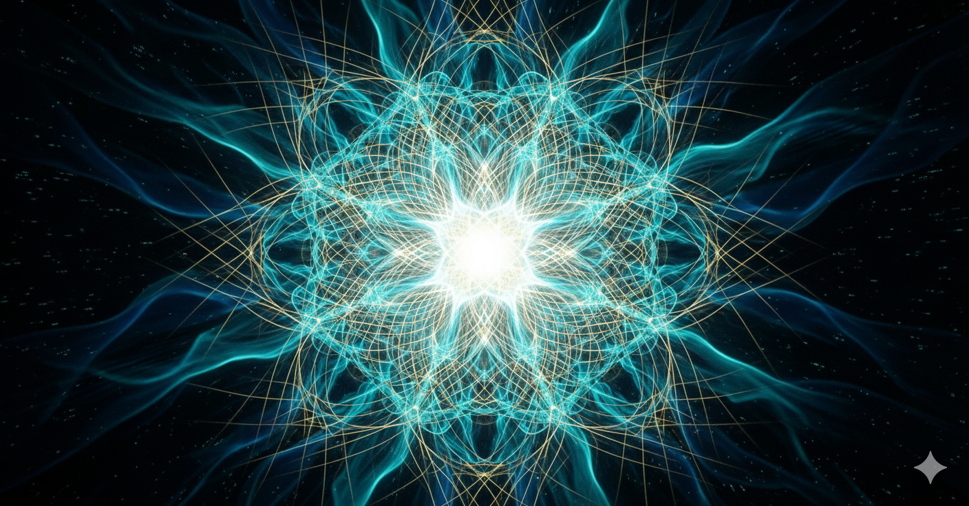 A complex digital artwork portraying a luminous central point with geometric and wave-like patterns radiating outward in shades of blue and gold, resembling an abstract cosmic or energy phenomenon.