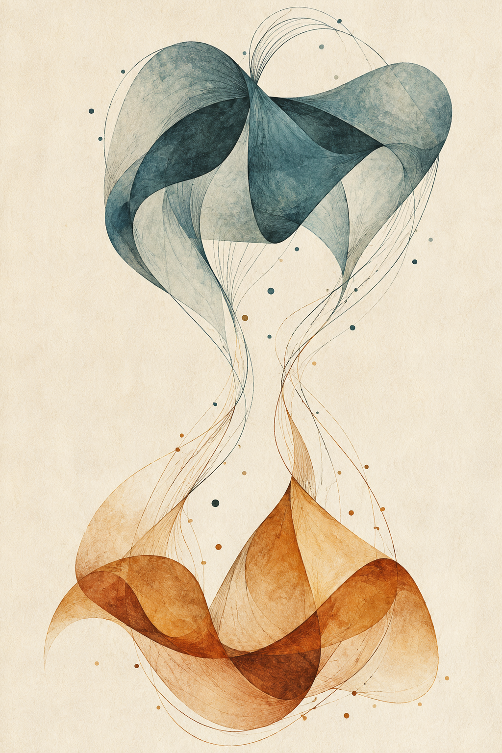 Two translucent folded forms, teal and amber, connected by fine sweeping lines across a textured ivory background.