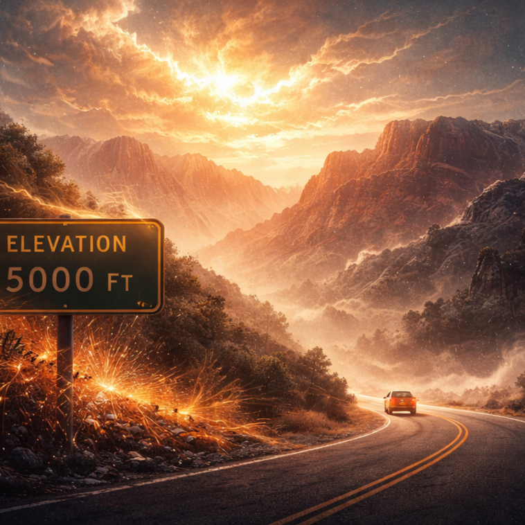 Atmospheric digital painting showing a desert highway climb toward a canyon at golden hour: blurred green elevation sign and a car in motion, with wind and a vast, cloud-lit sky.