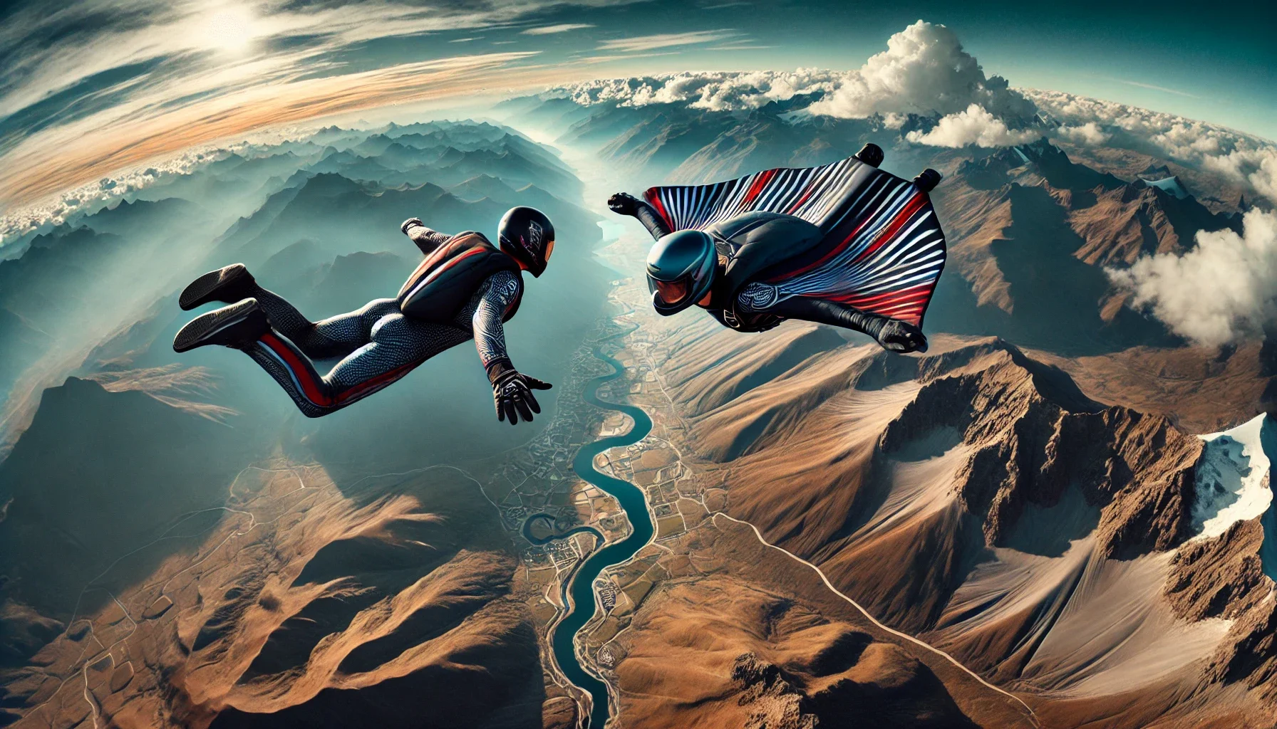 Two skydivers in protective suits and helmets free-falling above a mountain landscape with a river winding below and clouds in the sky.