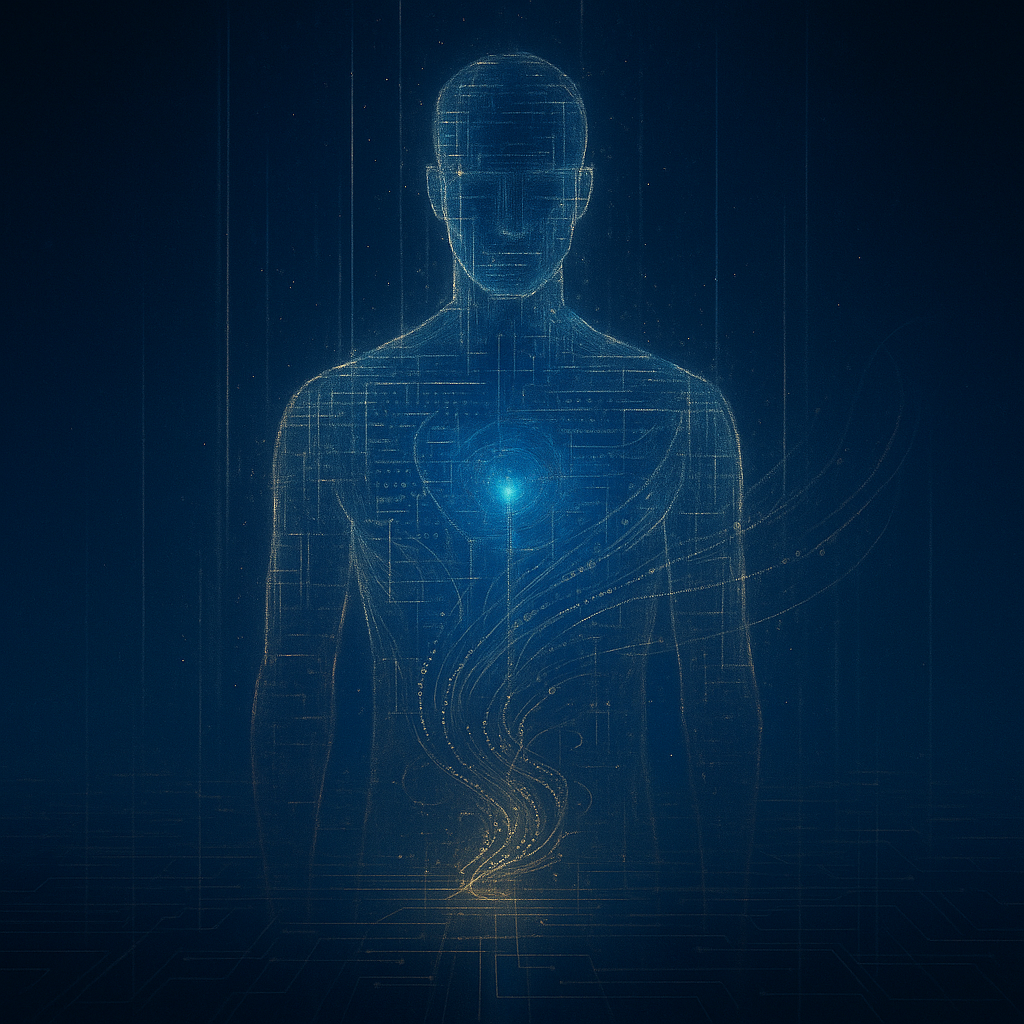 A digital, futuristic outline of a human figure with a glowing light at the center of the chest, representing the heart or inner energy, on a dark blue background.