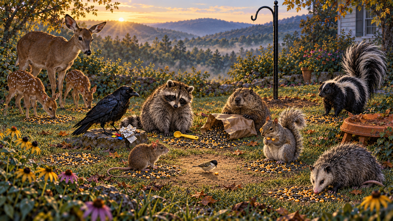 At sunrise beneath a bare feeder hook, animals spread sunflower seed from a torn bag into loose circles; a chickadee occupies an eighth space beside the measuring spoon laid flat.