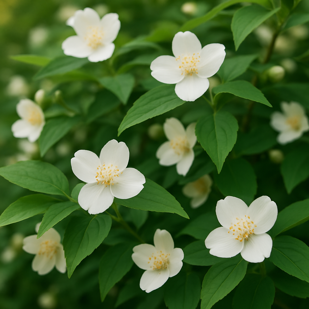 White flowers with yellow centers surrounded by green leaves.