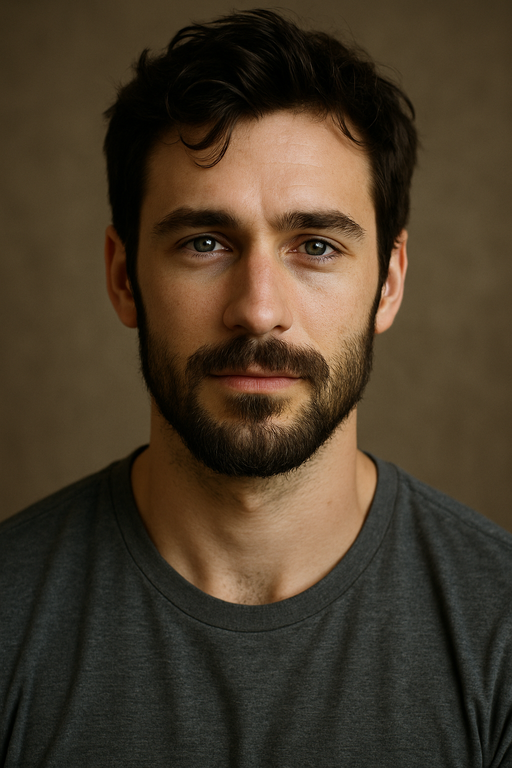 Close-up portrait of a man with dark hair, blue eyes, and a beard, wearing a dark gray T-shirt, looking directly at the camera with a neutral expression.
