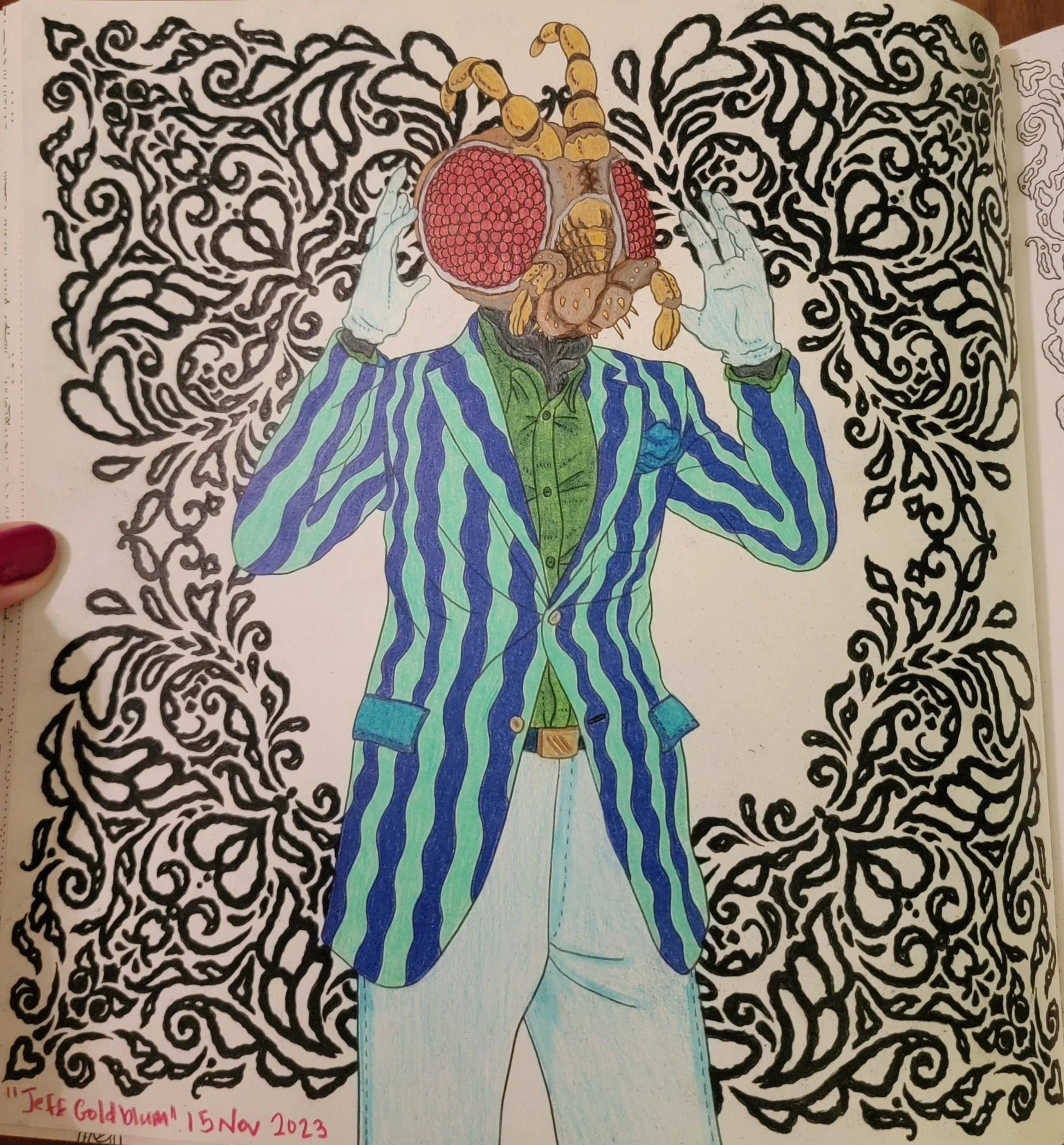 A person with a human body wearing a striped blazer, green shirt, and light-colored pants, holding their hands near their face, which has a large insect head with red compound eyes and antennae, set against a background of swirling black patterns.