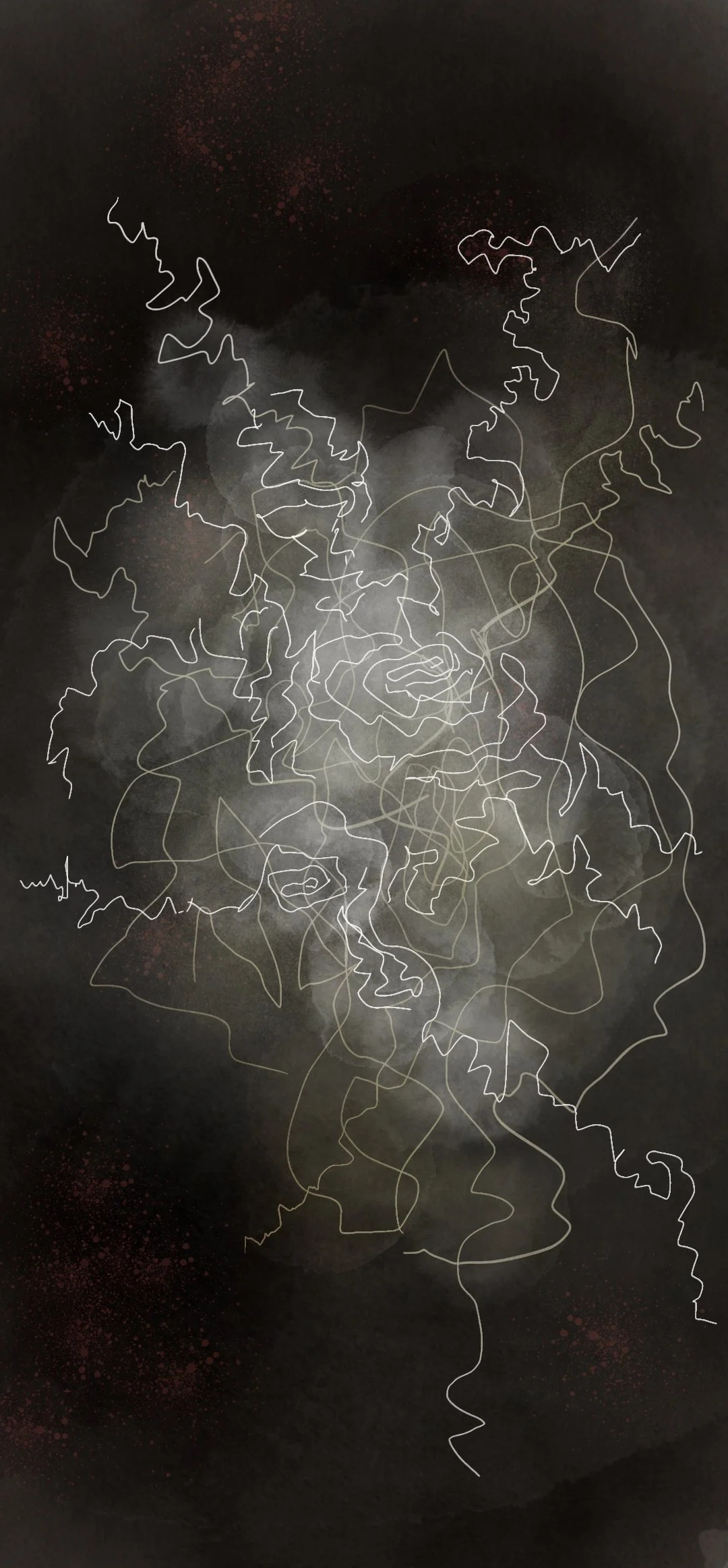 Abstract line art of a face on a dark background with red and white splatters.