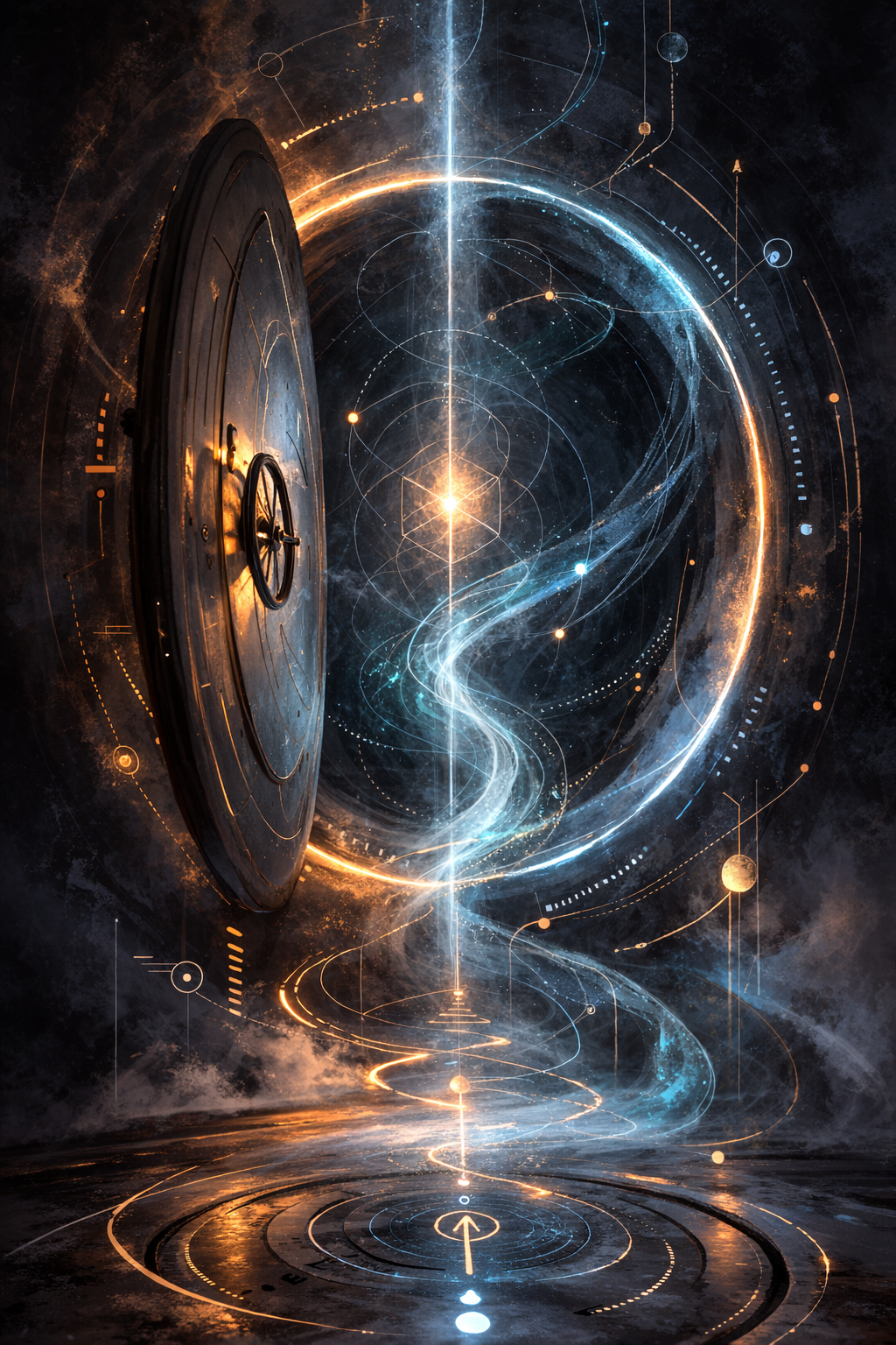 Abstract portrait image evoking an airlock -- nested translucent planes and cool gradients create a sealed-chamber feel, with a faint central glow implying intentional, consented transition.
