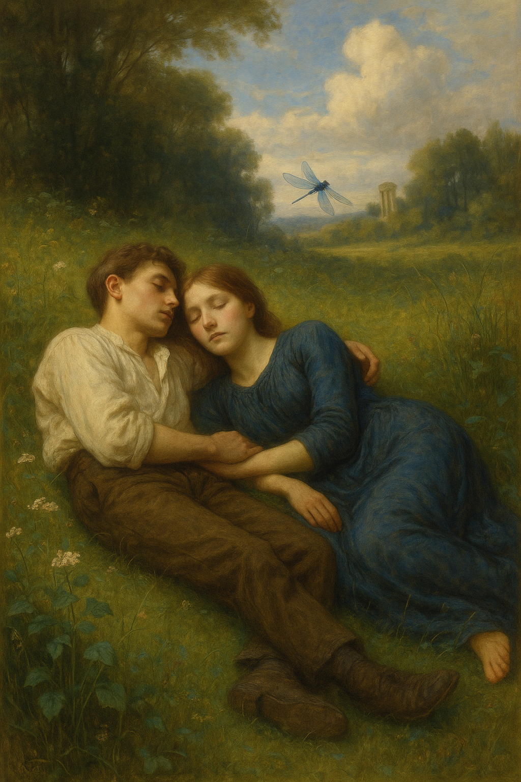 A Romantic style painting of a young man and woman sleeping together on the grass in a field with trees and clouds in the background, and a large dragonfly flying overhead.