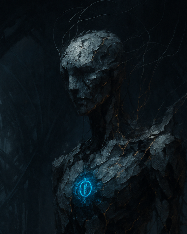 A humanoid figure with a cracked, stone-like surface and glowing blue light on the chest, set against a dark background with wispy, glowing lines.