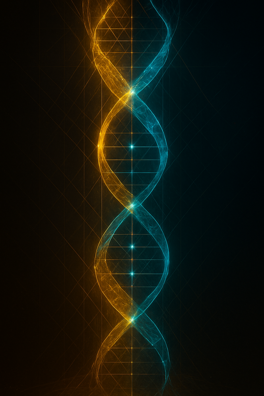 A digital illustration of a double helix DNA strand with glowing yellow and blue strands intertwined on a dark background.