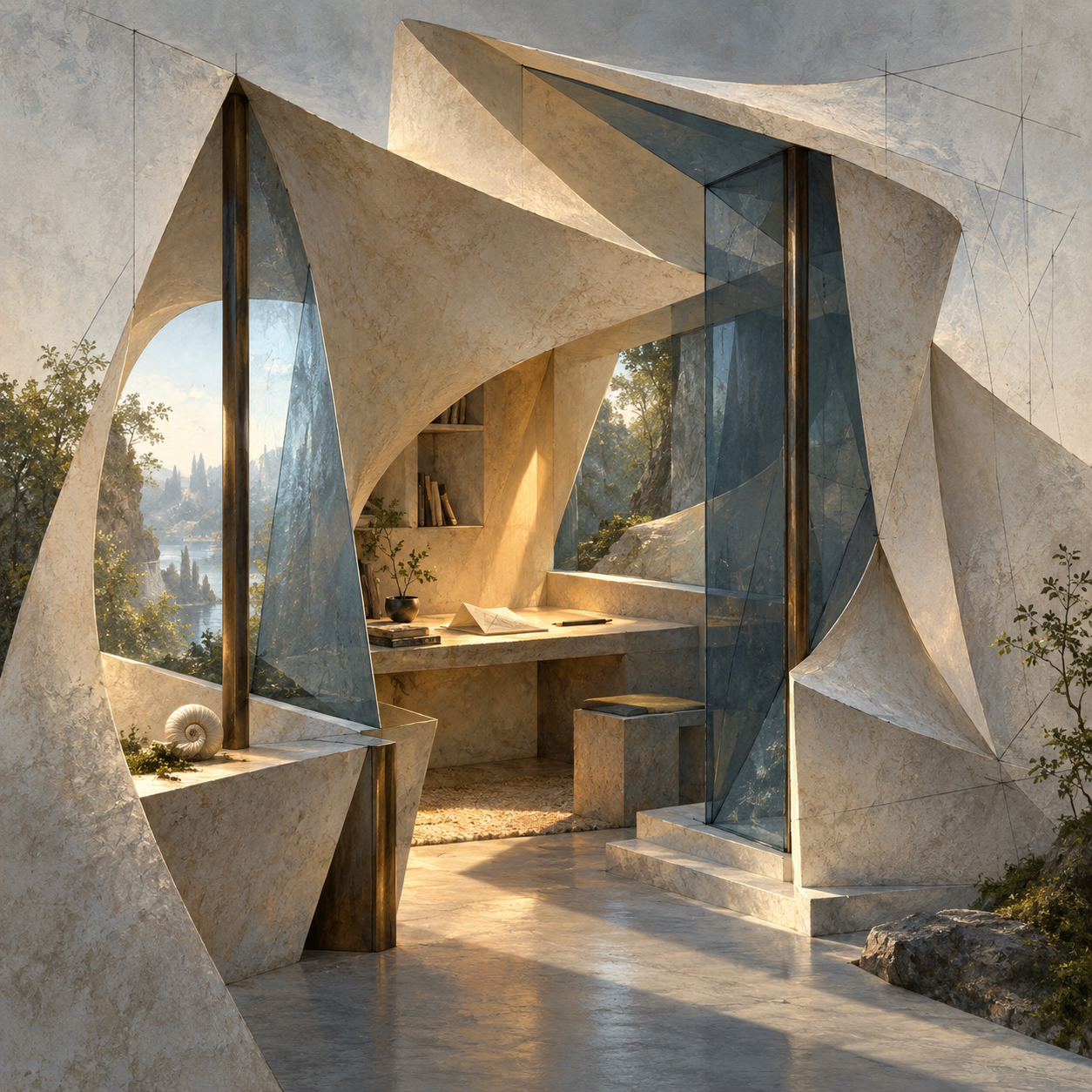 An open pavilion formed from sweeping folds of ivory stone and translucent slate-blue glass. Warm sunlight illuminates a sheltered desk holding folded paper and a pencil, with a stool beneath it.