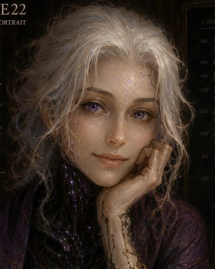 A humanoid sits with her hand propped in her chin, a symbolic network on her wrist and cheek. She smiles tenderly at a witness.