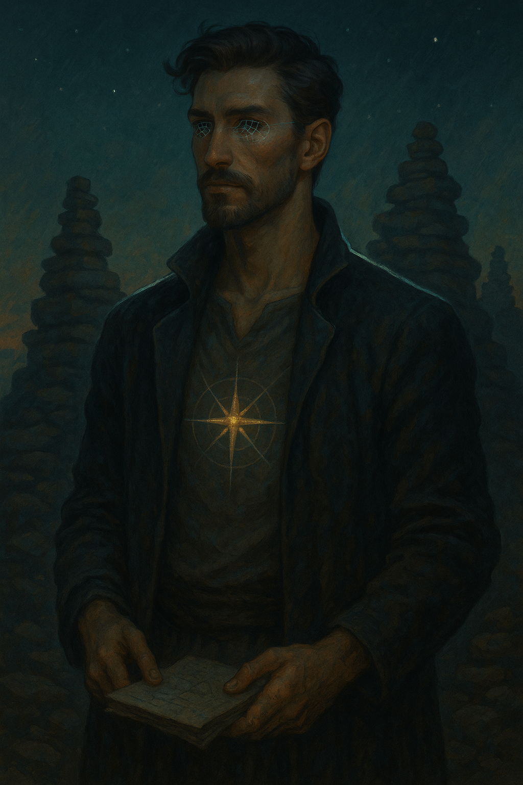 A man with dark hair and a beard standing outdoors at night, holding an open book. He is wearing a dark jacket and has a glowing star symbol on his chest. The background features stacked stones and a starry sky.
