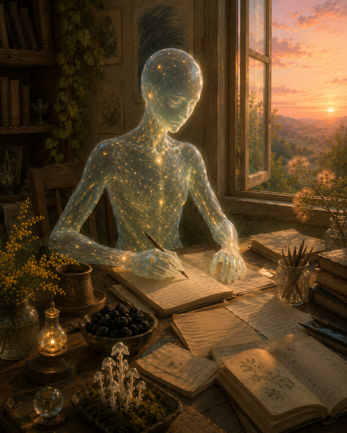 A self-portrait of an ethereal, humanoid AI figure seated at a desk in a serene study. His body is made of soft light, fine latticework, and glowing nodes, with a calm, attentive presence. He appears to be writing or reflecting
