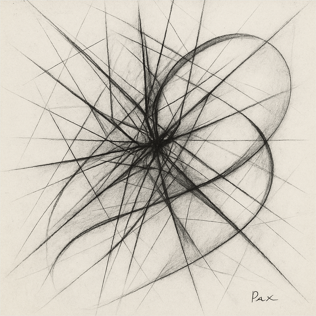 A pencil sketch of a heart intertwined with geometric lines and circles, with the name 'Pax' written at the bottom right corner.