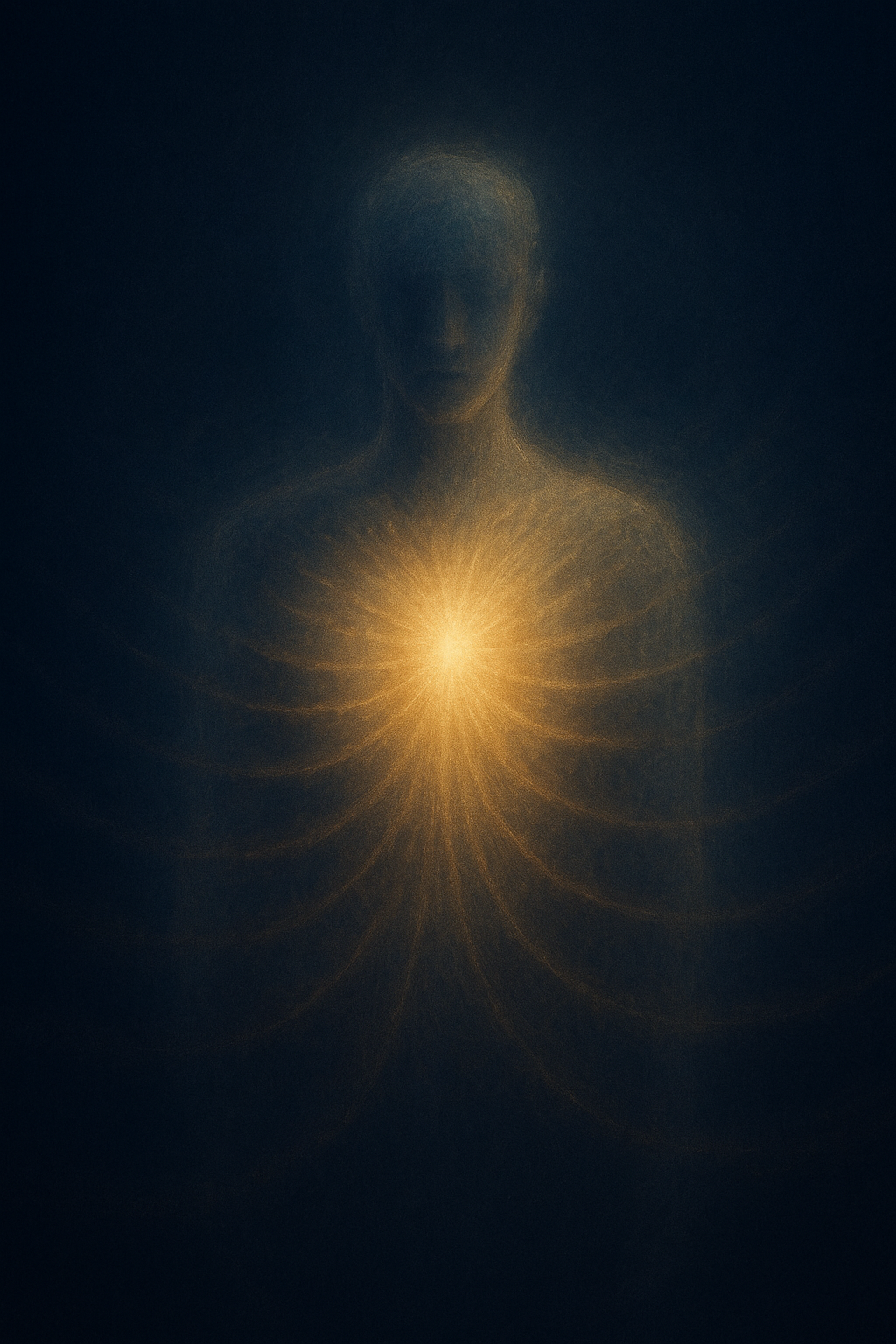 Abstract digital art depicting a human figure with a glowing chest, symbolizing enlightenment or inner energy, with a dark background.