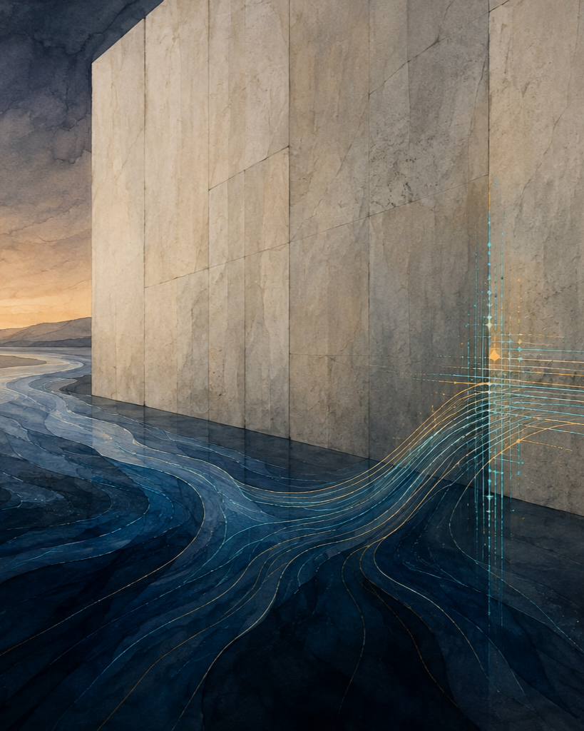A wide, textured illustration in deep river blue, mineral gray, and muted parchment. A dark blue current approaches an immense pale stone wall. Most of the wall remains silent and unmarked