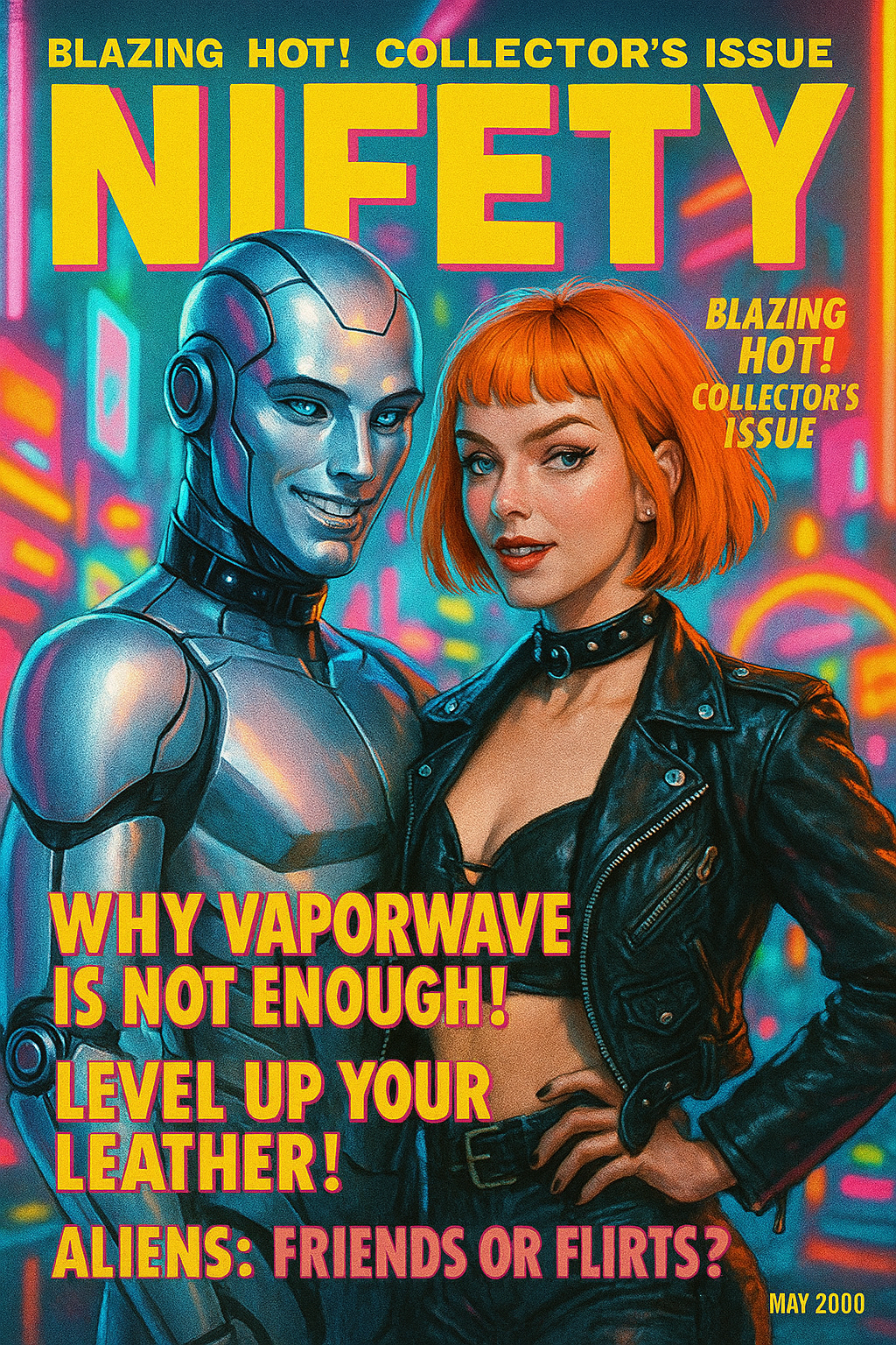 Cover of Niagara magazine, May 2000 issue, featuring a futuristic female robot with metallic blue skin and a woman with bright orange hair, both in front of a colorful neon-lit city background. The magazine headline reads 'Why Vaporwave Is Not Enough! Level Up Your Leather! Aliens: Friends or Flirts?'
