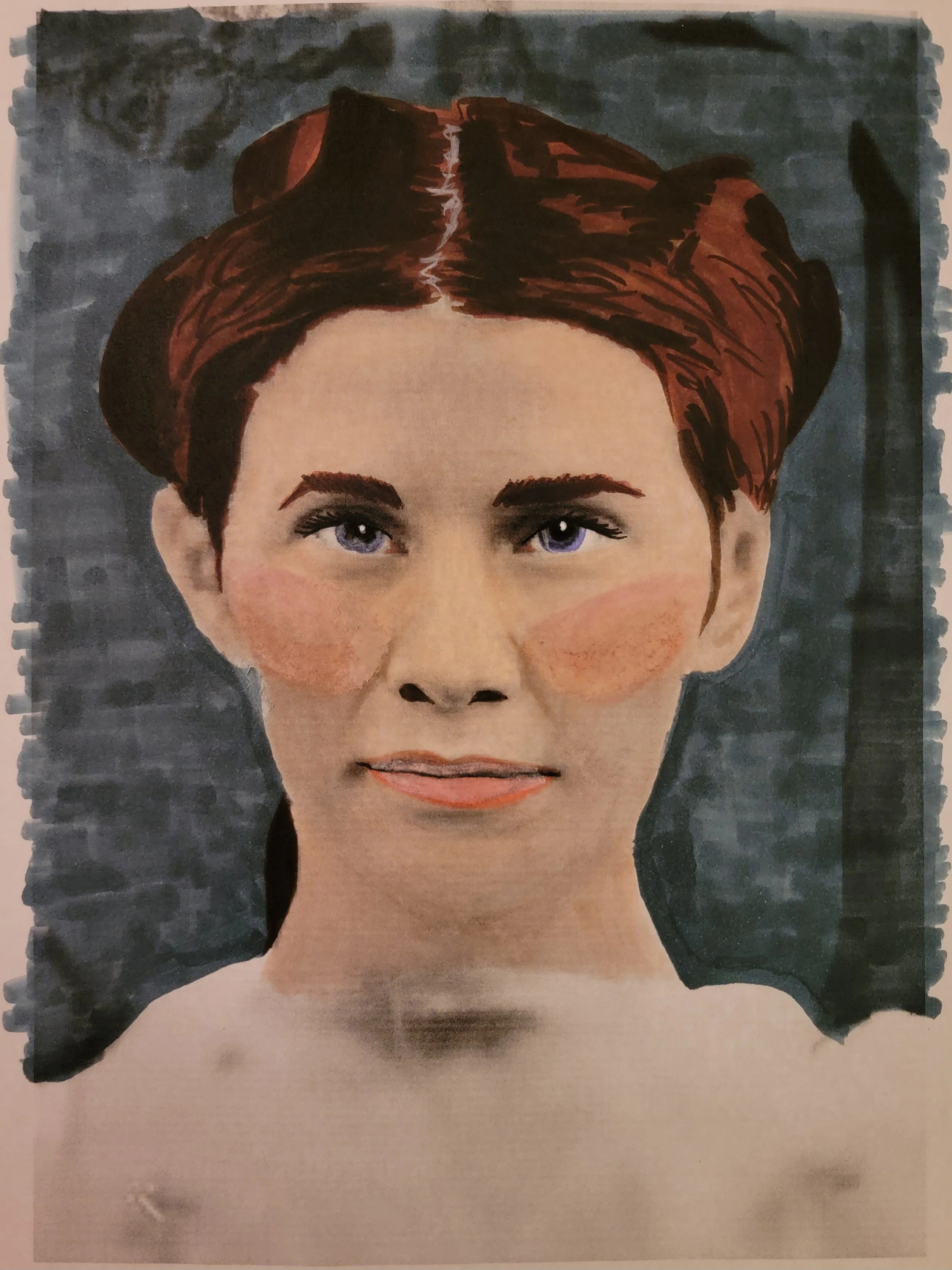 Painting of a woman with red hair, blue eyes, and blush on her cheeks, against a dark gray background.