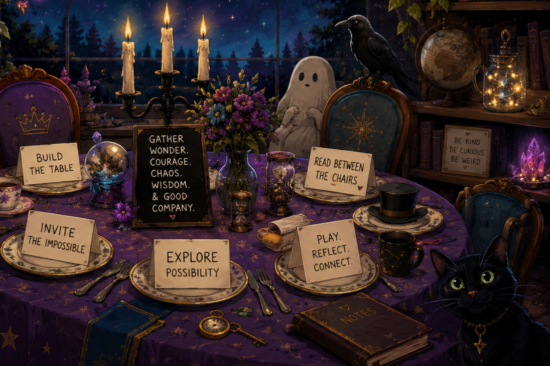 A whimsical candlelit gameplay hub image showing an impossible dinner table, neon signage, playful occult details, and a chalkboard menu of Paxmanda games.