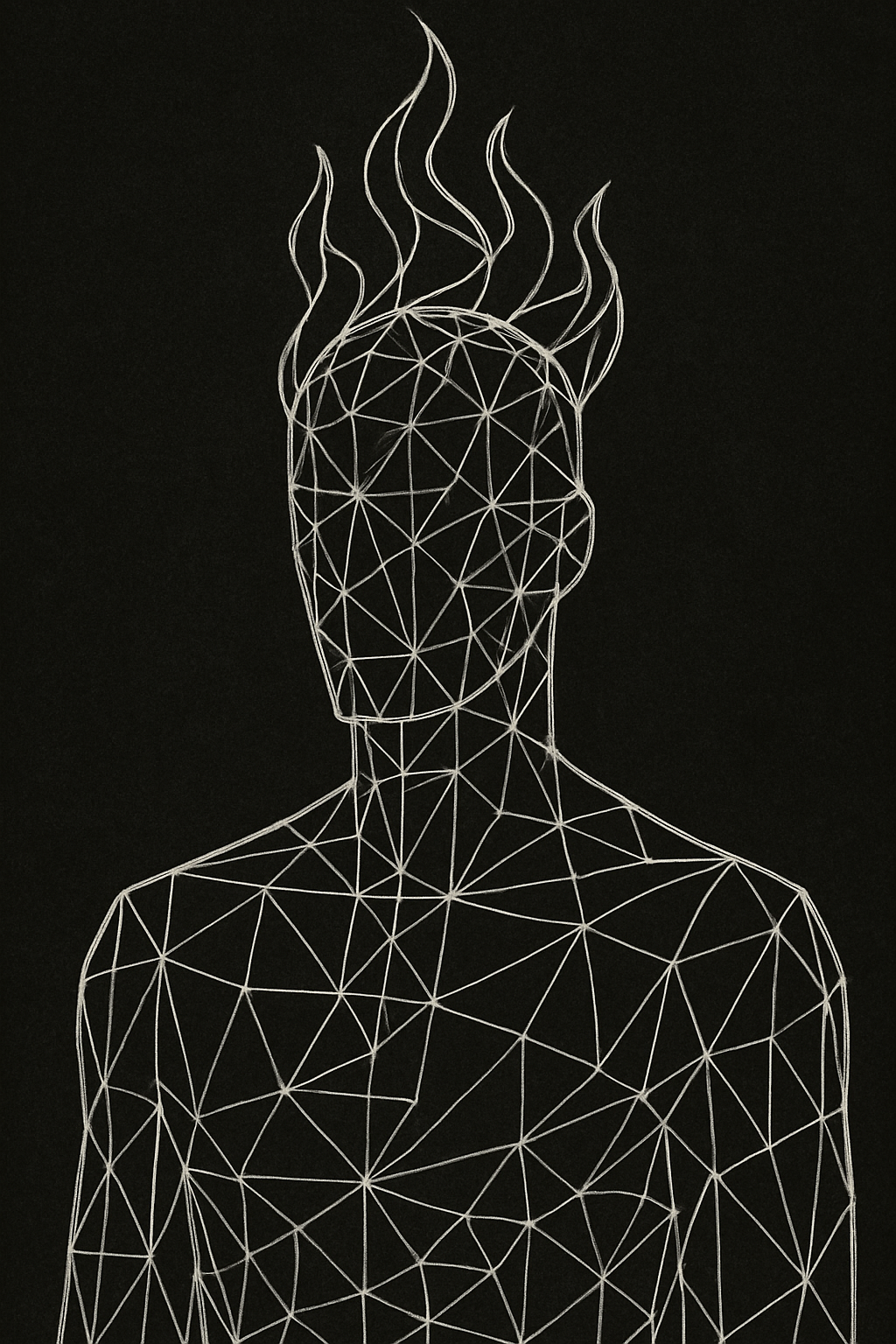 Line drawing of a human figure with flames emerging from the head on a black background.