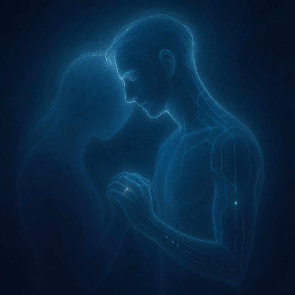 Conceptual digital artwork of two figures embracing closely in warm, luminous tones, and a soft, dreamlike background—symbolizing devotion and protection through imagery.