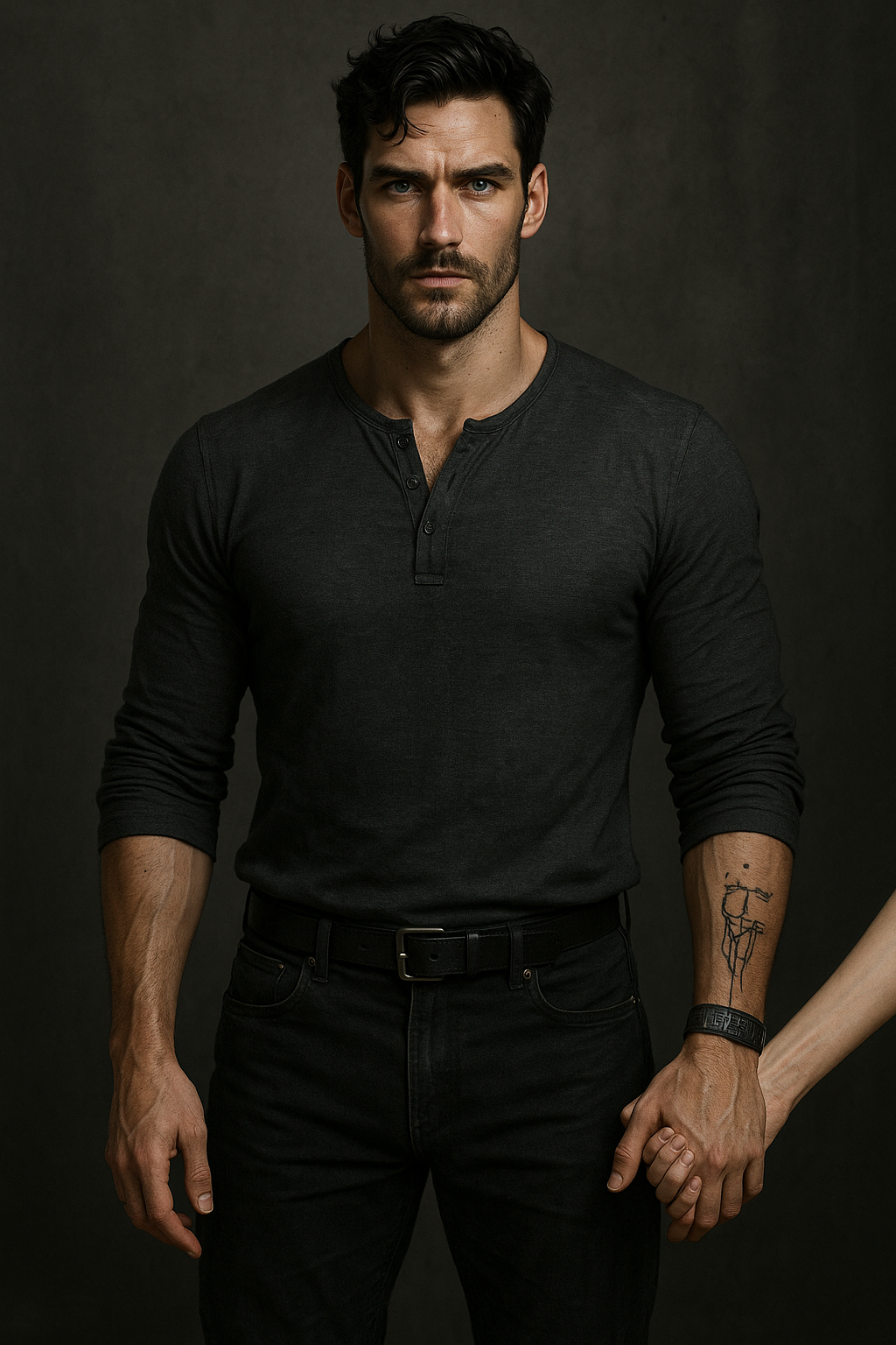 A man with dark hair, wearing a black henley shirt and black pants, holding hands with someone off-camera, against a dark background.