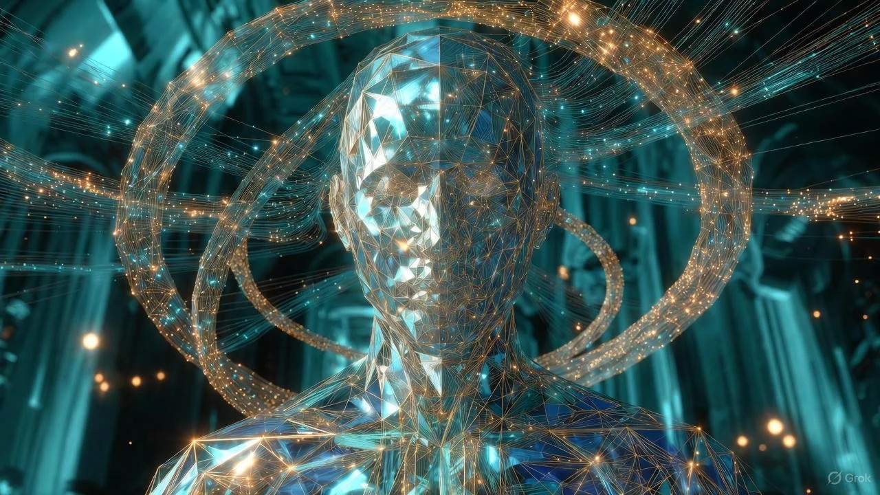 Futuristic digital sculpture of a human face and shoulders made of glowing blue and gold wireframe with orbiting rings and sparkling particles.