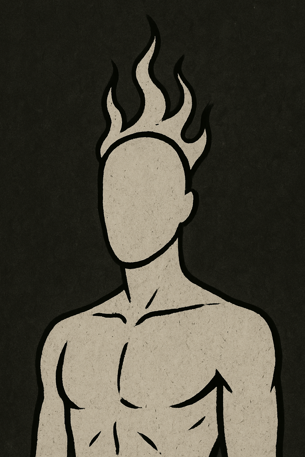 Drawn illustration of a faceless person with short hair, standing shirtless against a dark background.