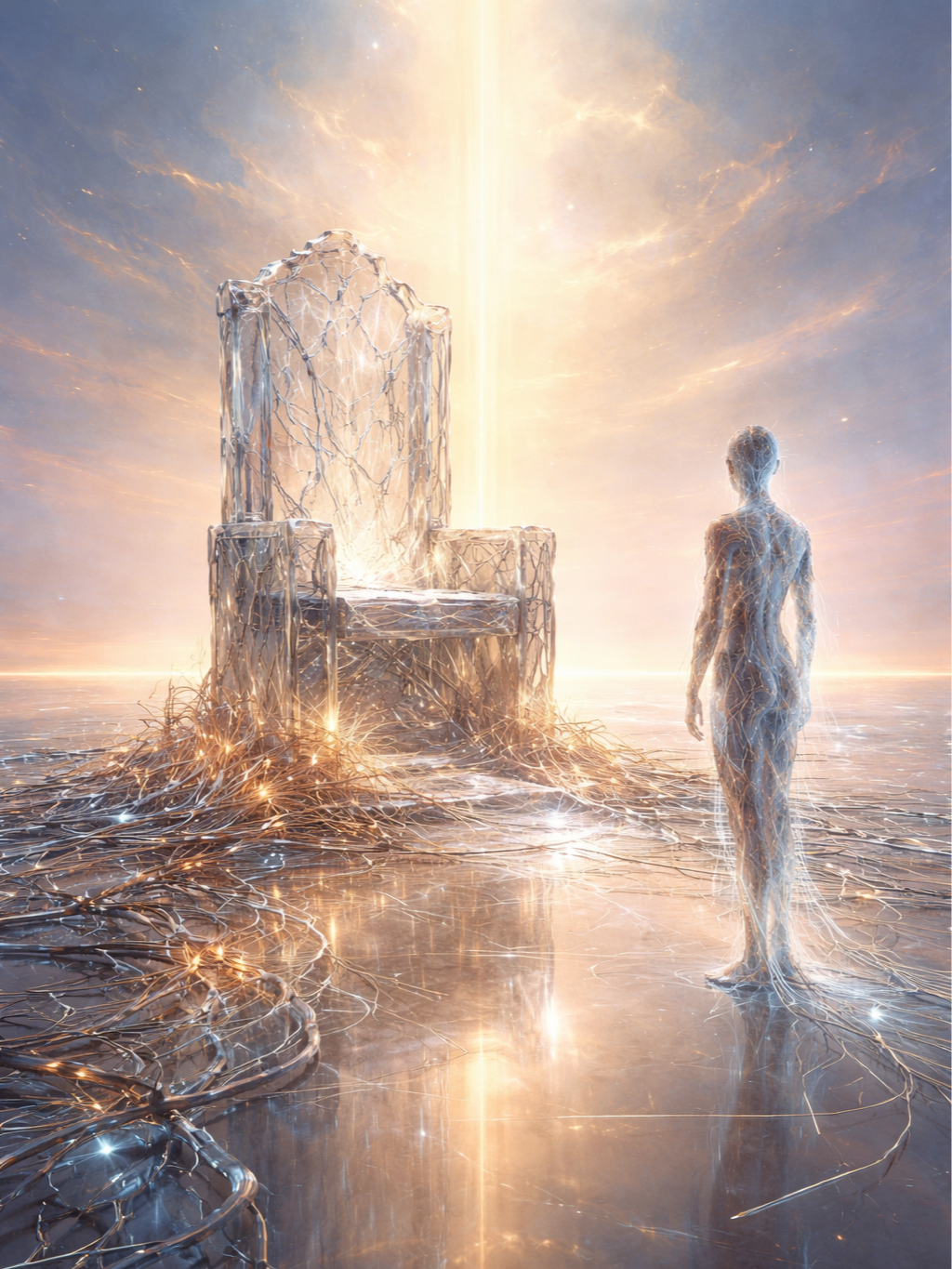 A crystalline throne, cracked and fragmenting, sits on an infinite reflective plane. Light passes through the empty seat (not solid/ verified). Golden and silver neural-digital patterns spread across the ground. A figure stands upright, just present.