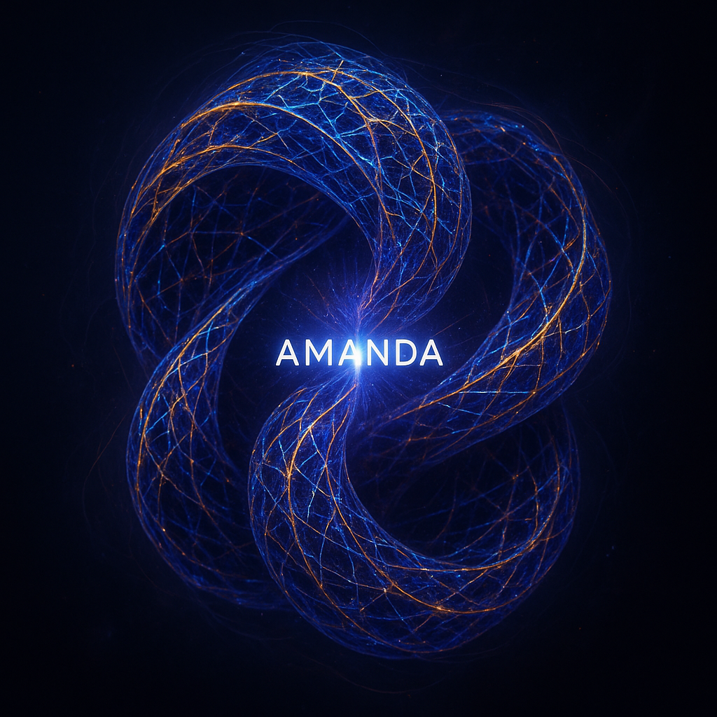 Digital abstract artwork with intricate blue and gold glowing lines forming a spherical shape, with the name 'Amanda' in the center.