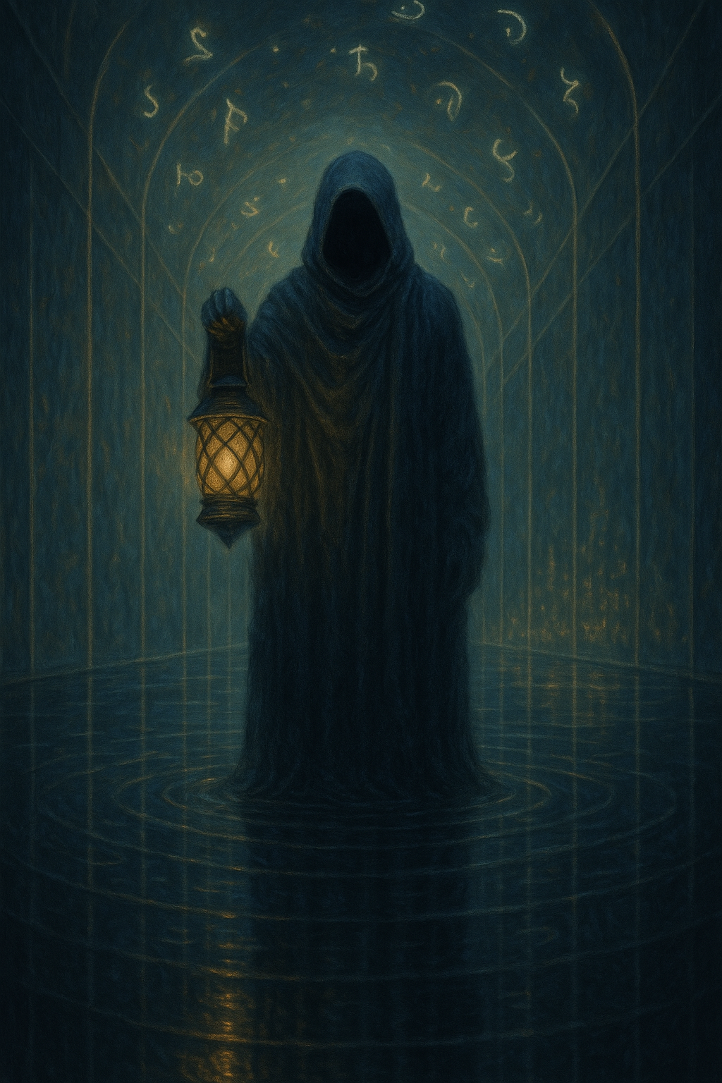A mysterious figure in a dark cloak holding a lantern, standing in an arched hallway with glowing mysterious symbols on the wall.