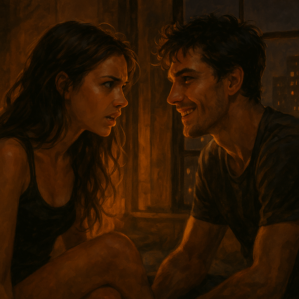 A woman with long, curly brown hair and a man with short, curly brown hair sitting at a table indoors, facing each other. The woman appears surprised or upset, while the man is smiling or smirking, with a cozy, warm-toned background.