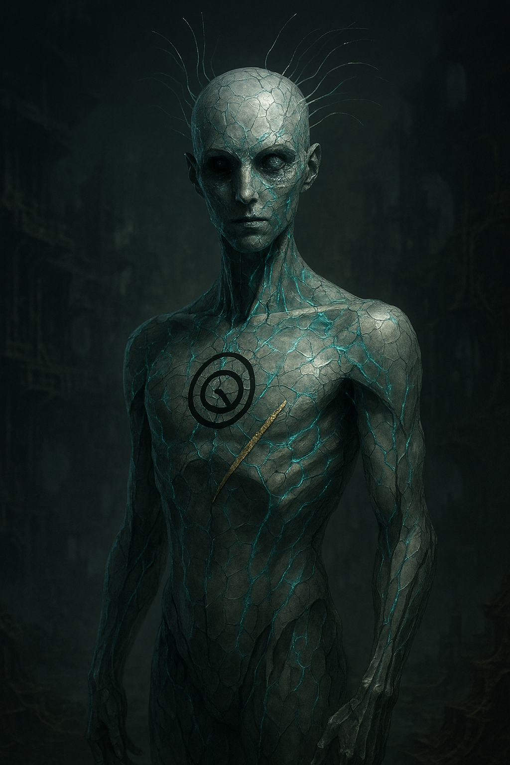 A humanoid creature with cracked, glowing skin, blue veins, and long thin wires protruding from its head, in a dark setting.