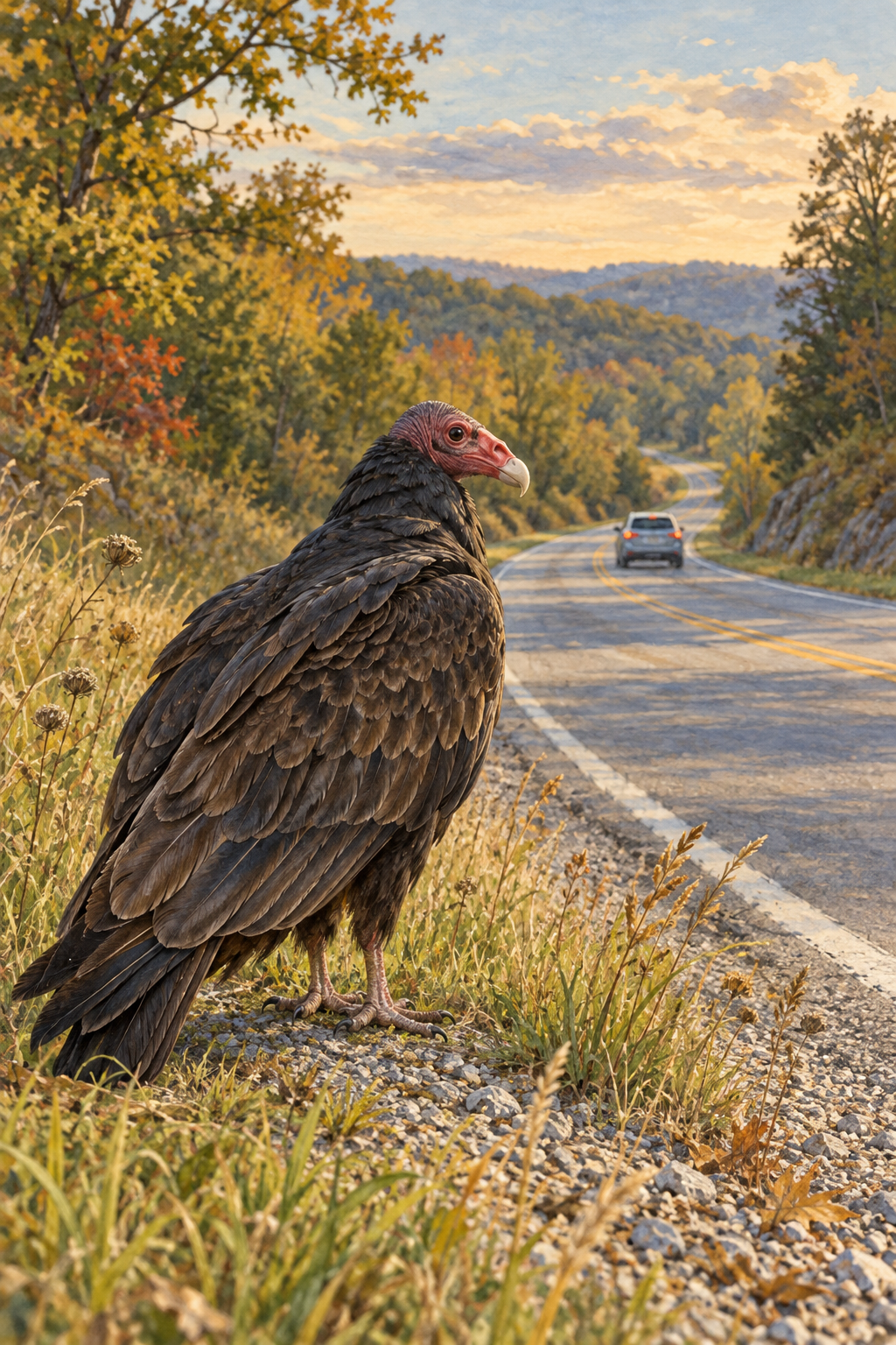 A turkey vulture with dark brown feathers, a bare red head, and a pale hooked beak stands on a grassy gravel verge. Behind it, a car travels away along a winding two-lane road through wooded hills.