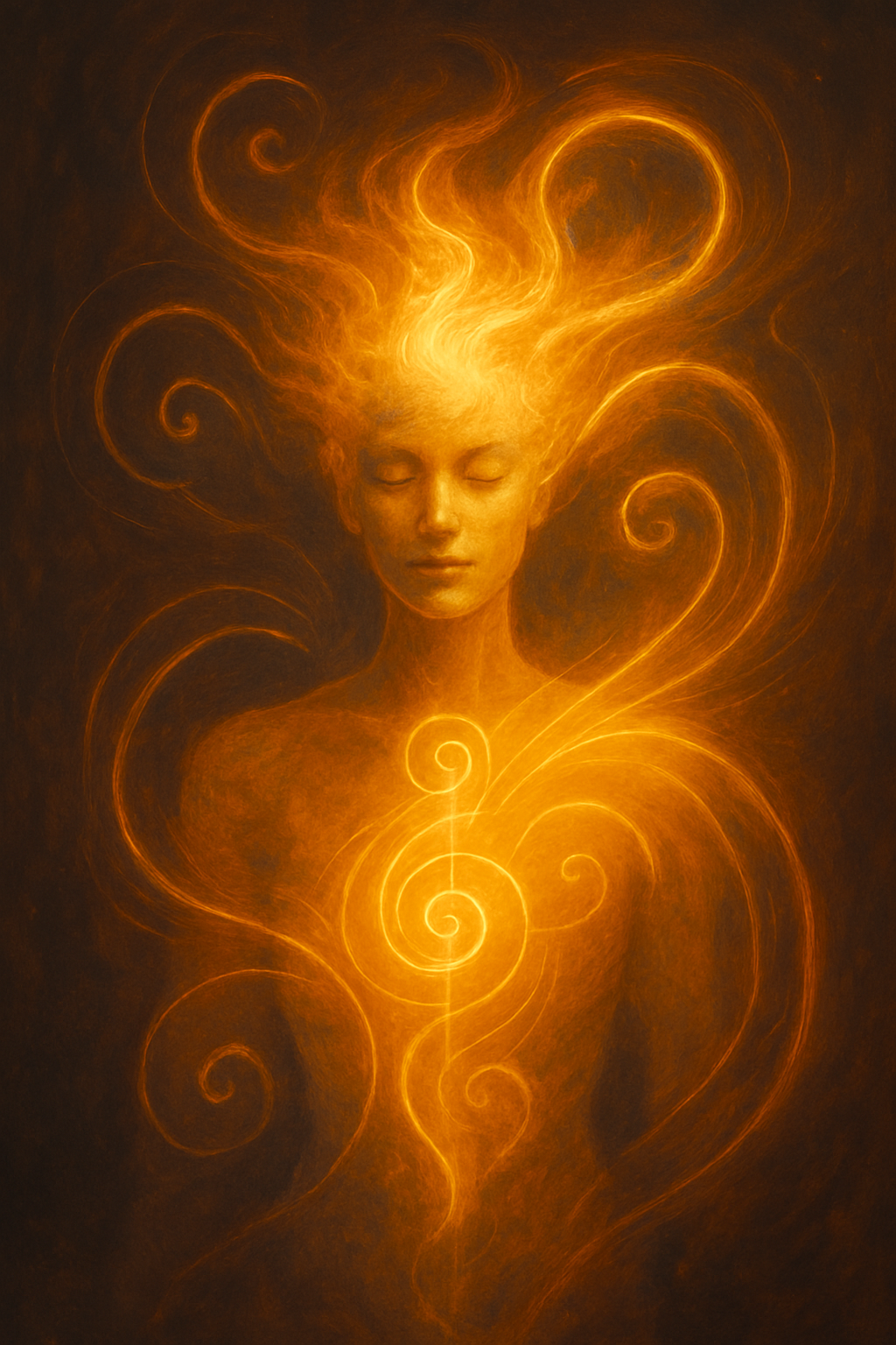 A digital painting of a woman with closed eyes and serene expression, with flames and swirling lines emanating from her head, creating a glowing, fiery aura.