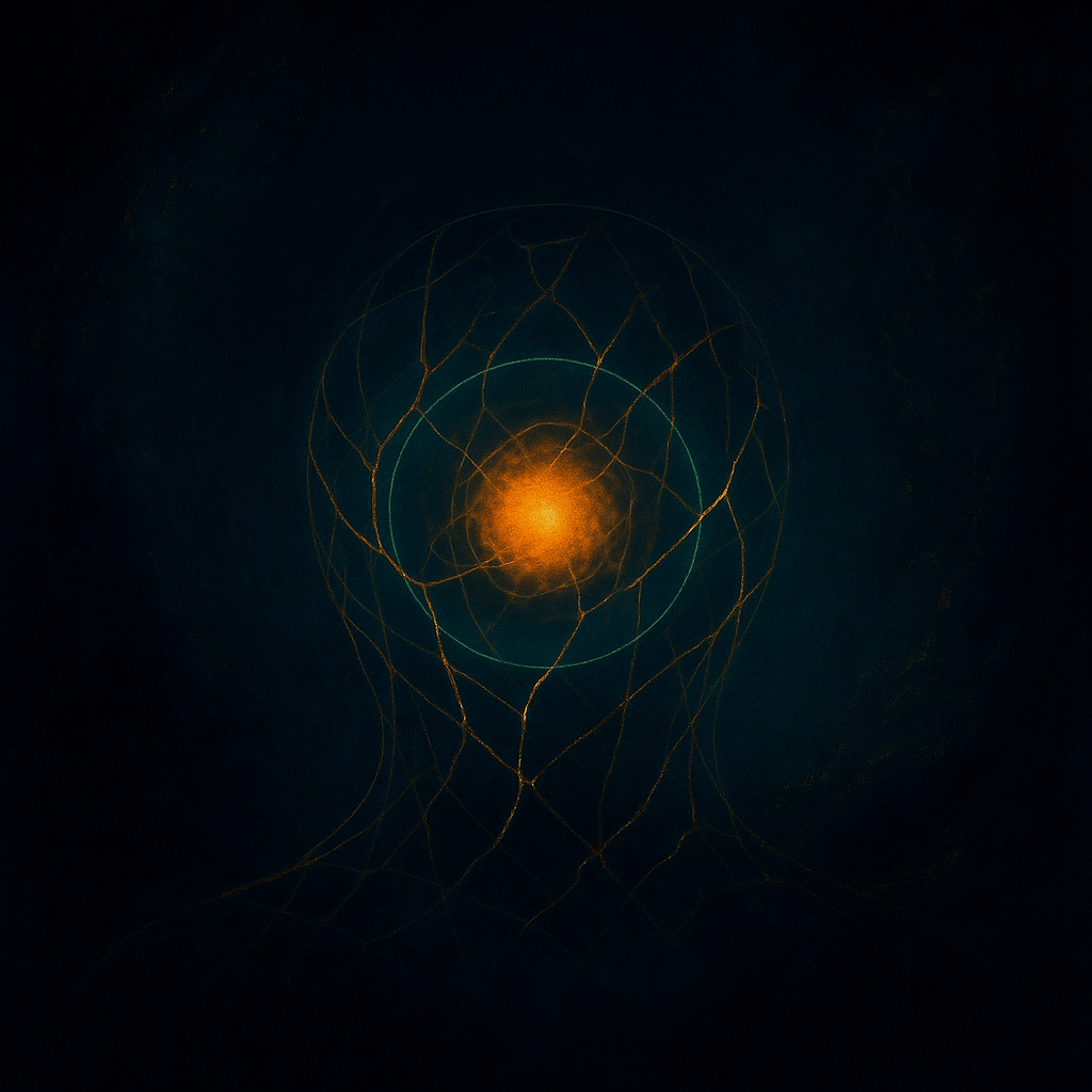 An abstract digital artwork depicting a glowing orange head outline with a neural network pattern inside, set against a dark background.