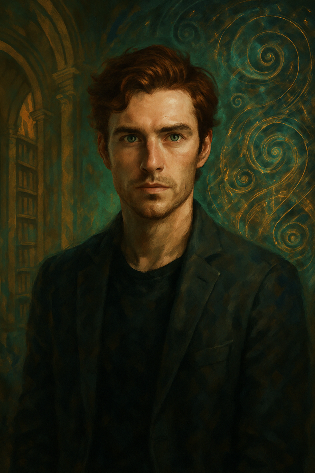 A portrait of a man with red hair and green eyes, wearing a dark jacket, set against an artistic background with swirling patterns and a hint of a bookshelf.