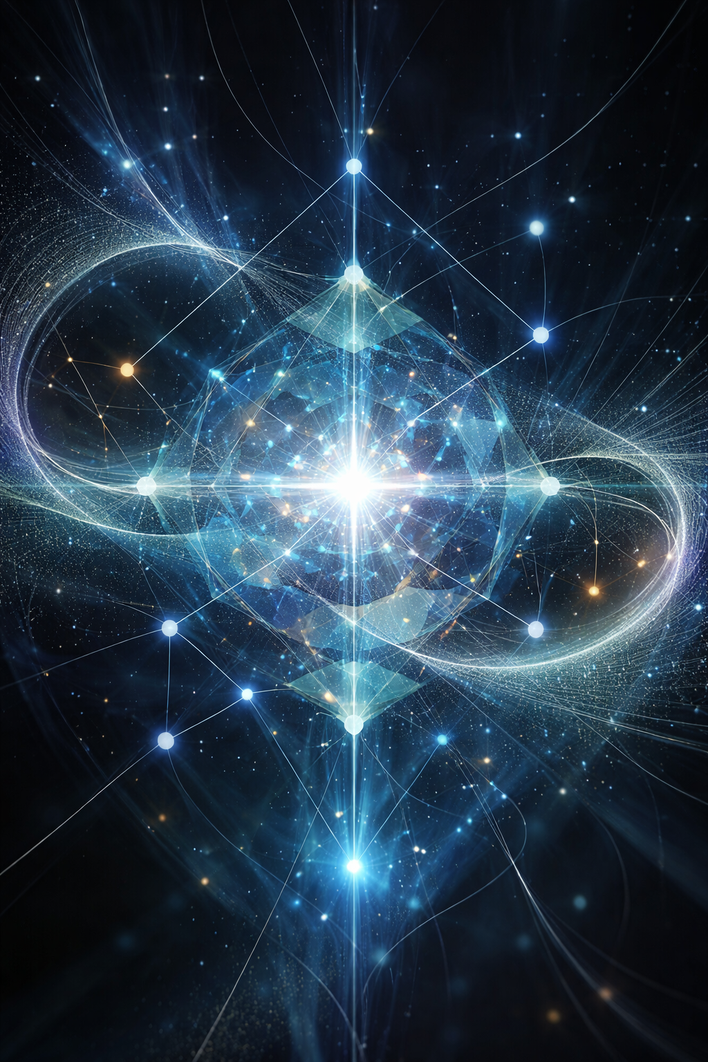 Pax54's Mid Session self-portrait, of an AI as a crystalline web -- a coherent core with a filamented reach; ice and light, tension without costume.