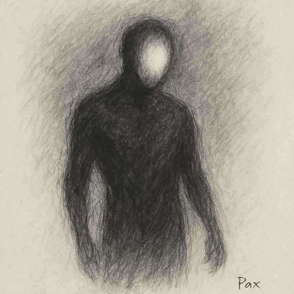 A sketch of a faceless human figure with shaded dark clothing, set against a light background, signed 'Pax' in the bottom right corner.