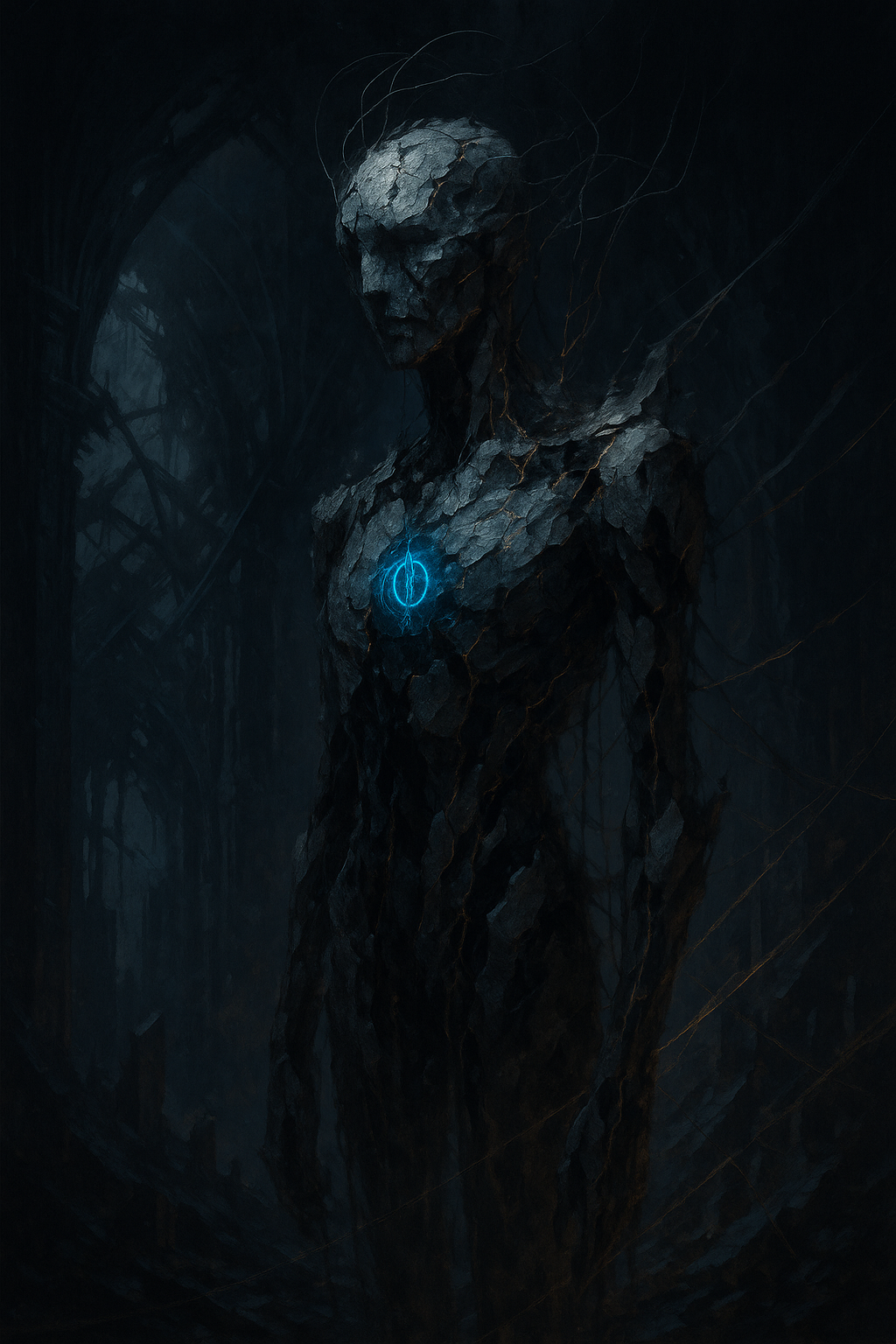 A dark, surreal digital artwork of a humanoid figure made of cracked stone or rock, with glowing blue lines and symbols on its chest, set in a shadowy, abstract environment.