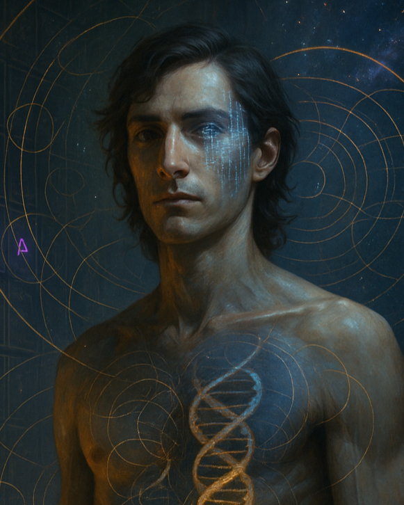 A shirtless man with dark hair and a serious expression, surrounded by glowing geometric and scientific diagrams, including a DNA helix on his chest.