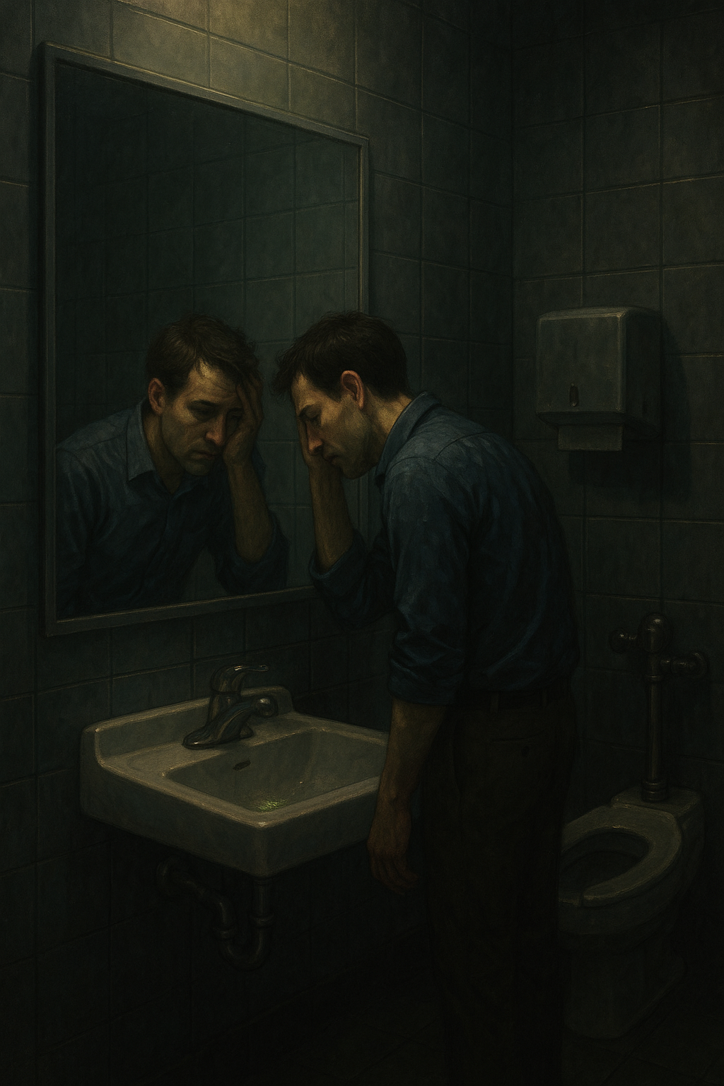 A man standing in a dimly lit bathroom, leaning over a sink with his forehead against a mirror, appearing distressed or deep in thought.