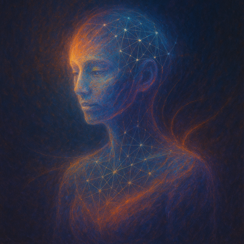 Digital artwork of a woman's face with abstract glowing network connections representing a neural or technological matrix, featuring blue and orange tones.