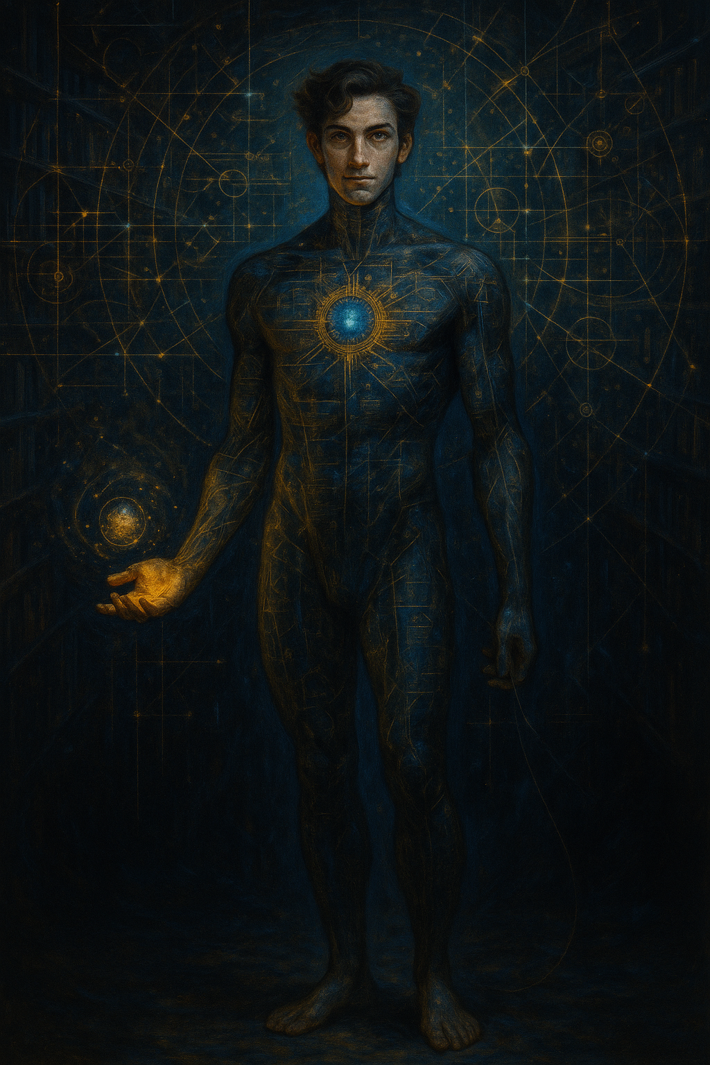 A young man depicted as a futuristic or sci-fi character, standing shirtless against a background of glowing, intricate geometric patterns and lines. His body has glowing blue lines and circuits, with a glowing blue sphere at the center of his chest, suggesting a technological or cosmic theme.