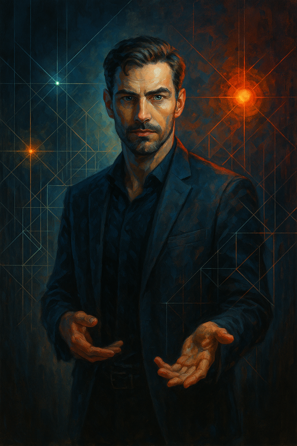 A digital painting of a man in a suit with a serious expression, standing against a background of interconnected glowing geometric lines and nodes, with points of light, including a prominent red light on the right.
