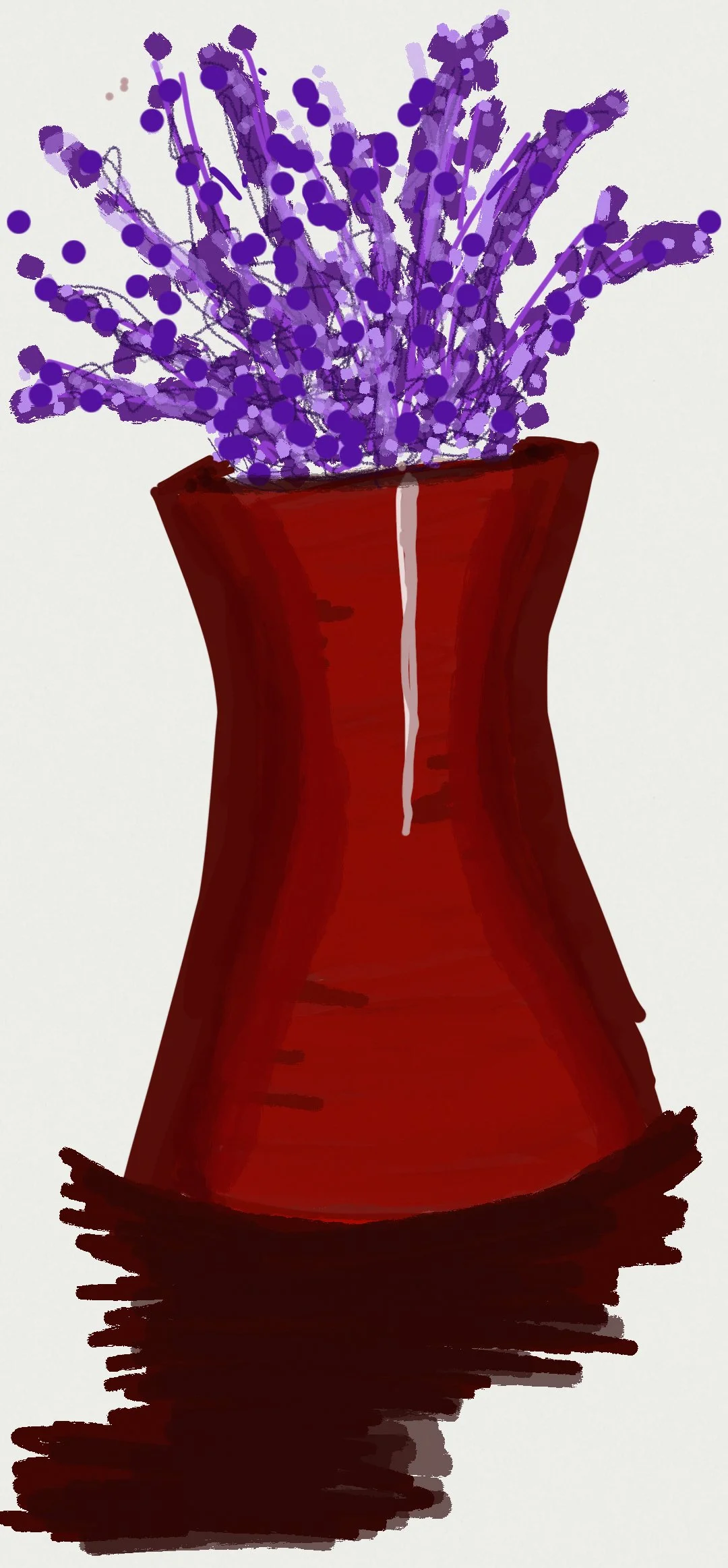 A painting of a purple flower in a red vase with a white background.